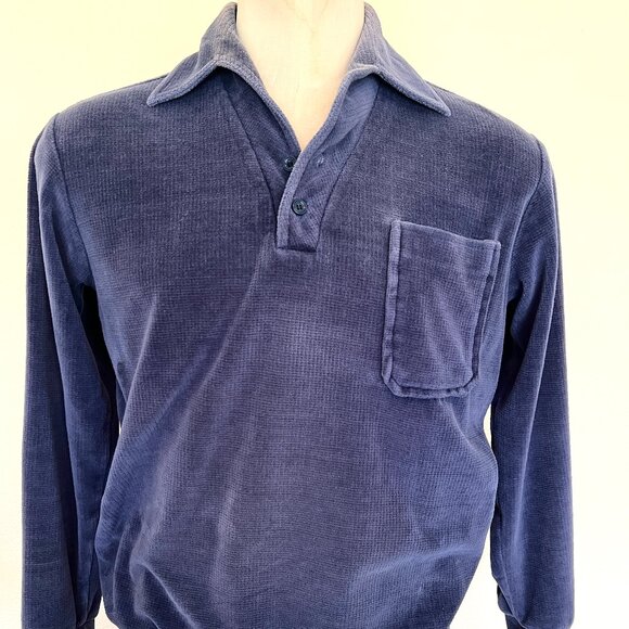 90's Velour Polo Style Shirt - Joel - Navy Long Sleeve - Size Medium - Picture 2 of 10